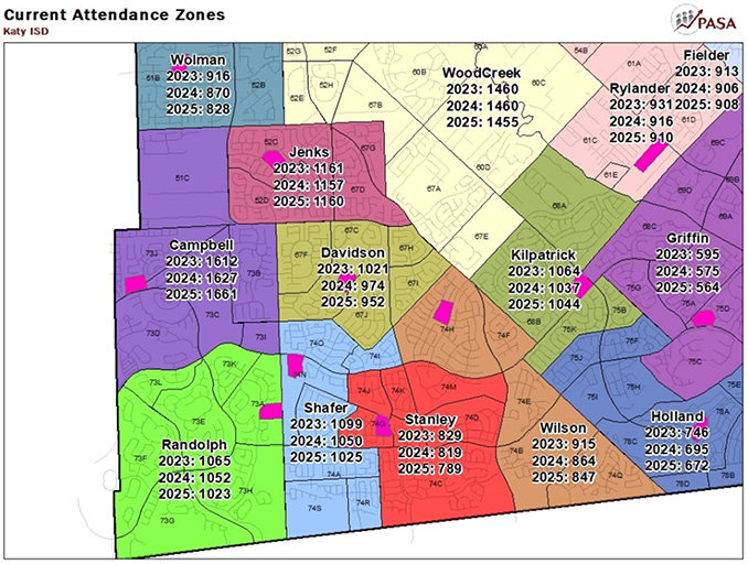 This map shows the attendance boundaries for Katy ISD elementary schools.